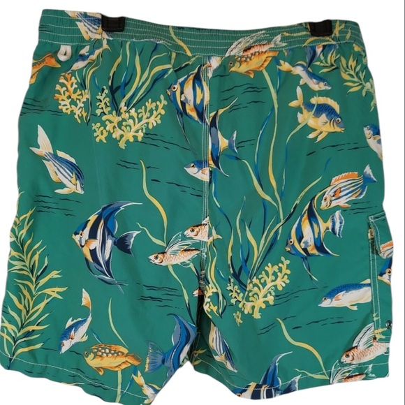 POLO RALPH LAUREN Swim Trunks Mens Sz XL Green Multicolor Fish Print Lined Board - Picture 2 of 8